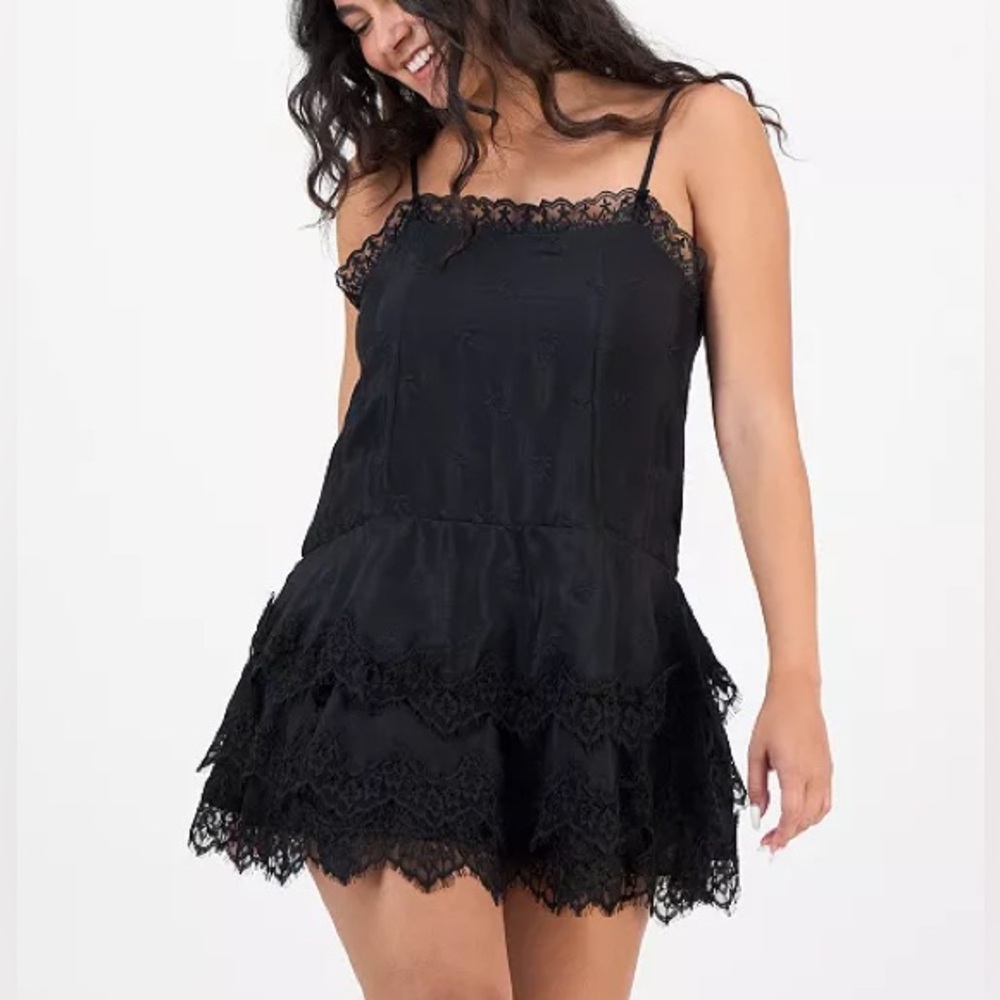 And Now This Black Lace Trim Tiered Spaghetti Strap Slip Style Mini Dress NEW XS